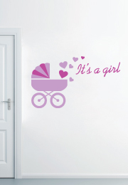 מדבקת קיר לחדר תינוקת - טקסט לבבות ועגלה