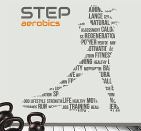 מדבקת קיר לחדר כושר  - Step aerobics ומתעמלת בטיפוגרפיה
