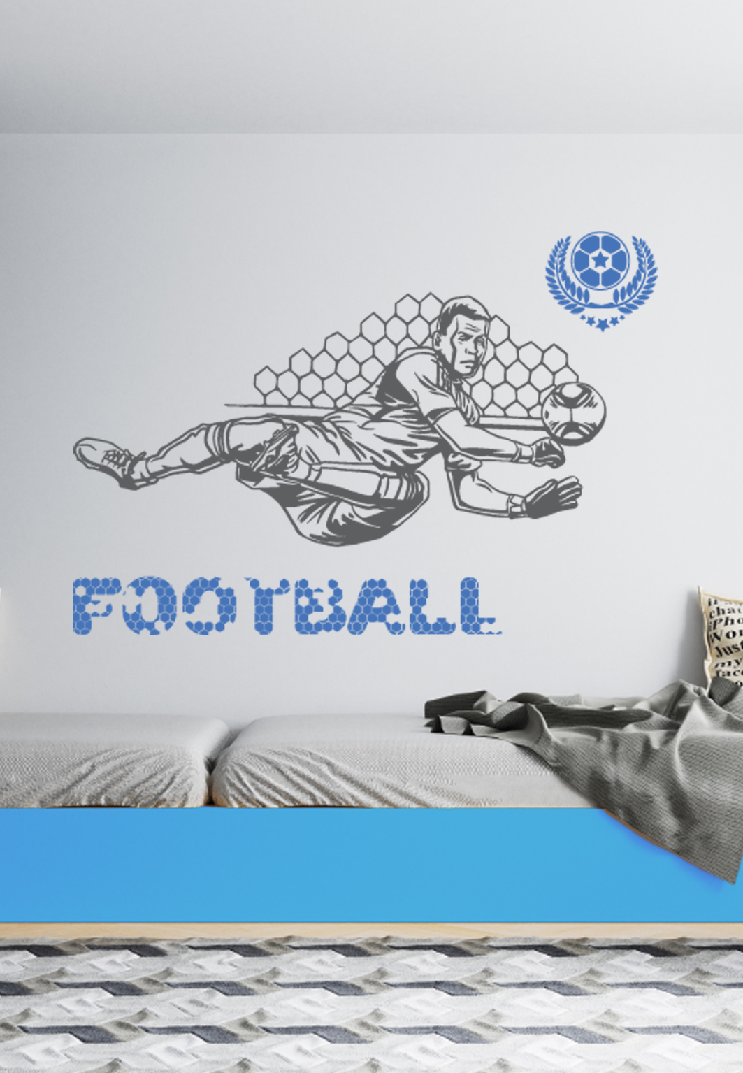 מדבקת קיר - שוער כדורגל מזנק לפינה - כולל טקסט וסמל
