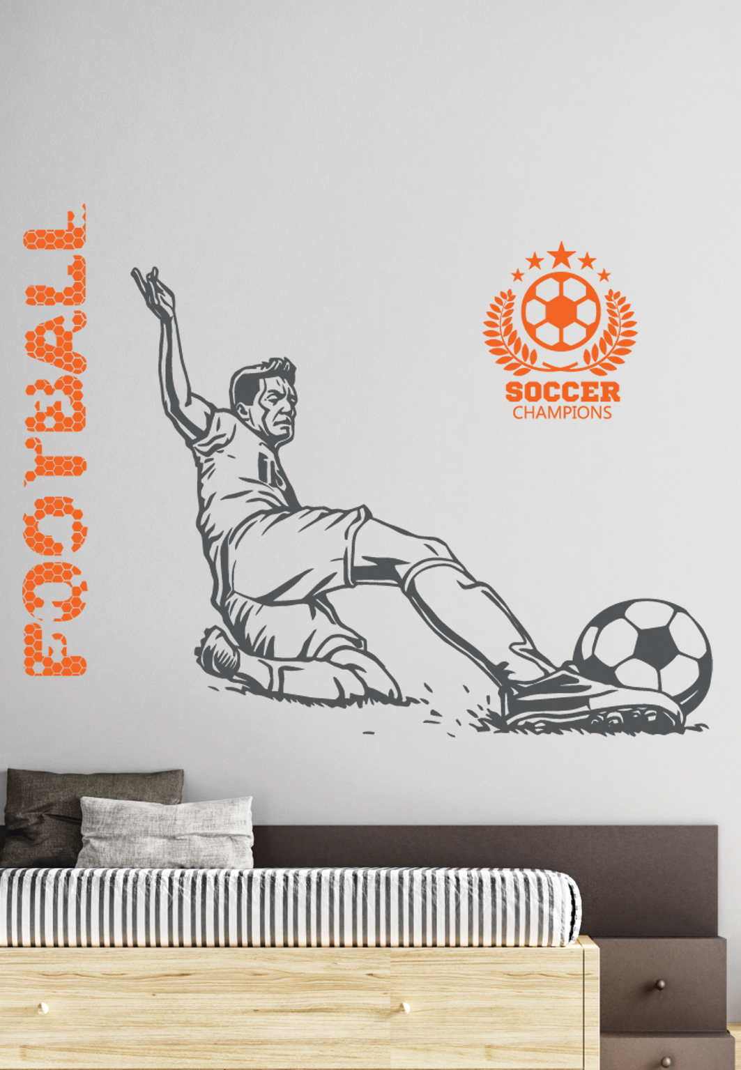 מדבקת קיר - שחקן כדורגל בעצירת כדור - כולל טקסט וסמל