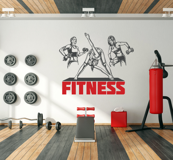 מדבקת קיר - FITNESS בצירוף 3 מתעמלות בתנועה