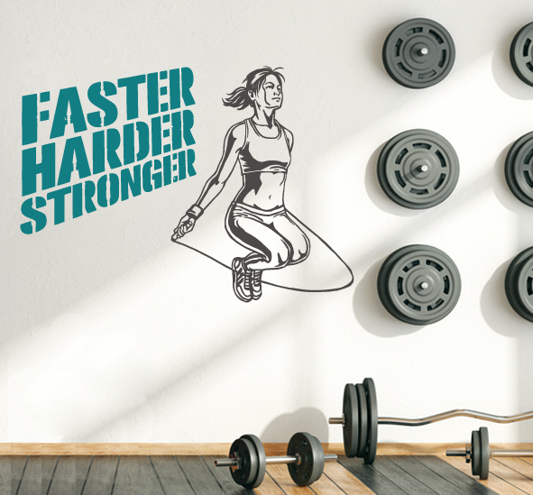 מדבקת קיר - FASTER HARDER STRONGER בצירוף מתעמלת קופצת על חבל