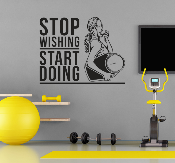 מדבקת קיר - STOP WISHING START DOING - בצירוף מתעמלת