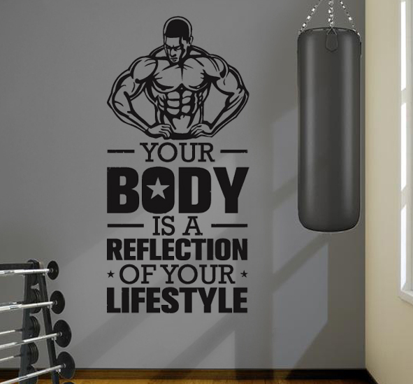 מדבקת קיר - YOUR BODY IS A REFLECTION OF YOUR LIFESTYLE בצירוף שרירן