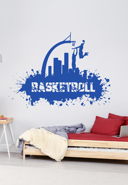 מדבקת קיר - שחקני כדורסל בשילוב בניינים ברקע