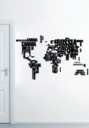 מדבקת קיר - מפת העולם - טיפוגרפיה